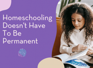 young girl reading a book with "Homeschooling Doesn't Have To Be Permanent" in text and MMC logo