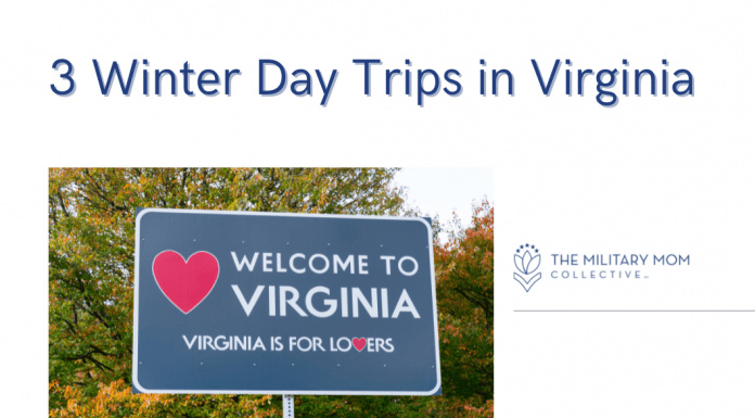 Welcome to Virginia sign with "3 Winter Day Trips in Virginia" in text and MMC logo