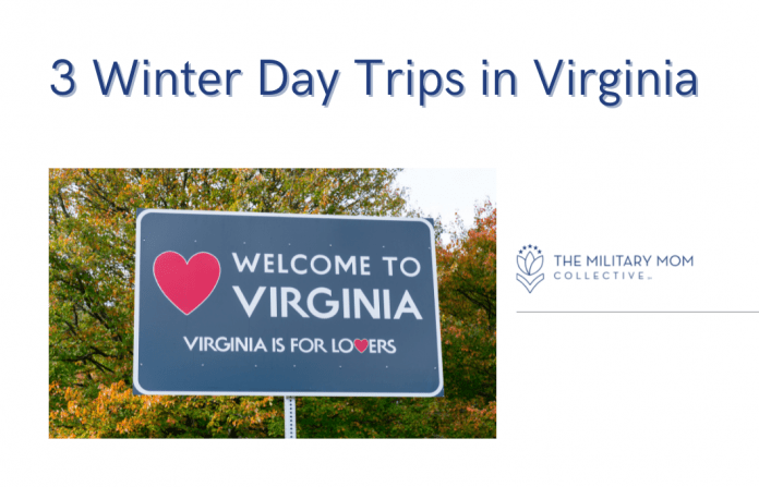 Welcome to Virginia sign with "3 Winter Day Trips in Virginia" in text and MMC logo