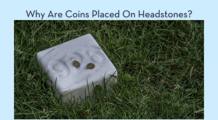 Grave marker with coins on it in the green grass with "Why Are Coins Placed On Headstones?" in text and MMC logo