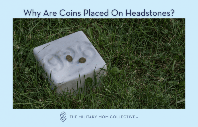 Grave marker with coins on it in the green grass with "Why Are Coins Placed On Headstones?" in text and MMC logo