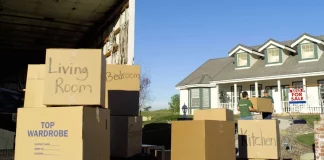 moving boxes outside a house on a sunny day