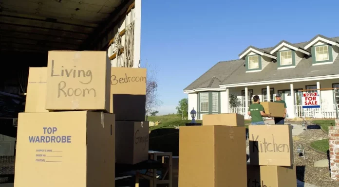 moving boxes outside a house on a sunny day