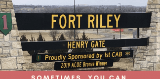Sometimes, You Can Go Home Again (Almost) picture of Fort Riley Henry Gate with "Sometimes, You Can Go Home Again (Almost)" in text and MMC logo