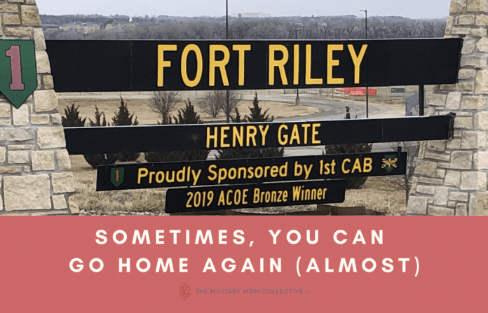 picture of Fort Riley Henry Gate with "Sometimes, You Can Go Home Again (Almost)" in text and MMC logo