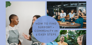 How to Find Support + Community in 5 Easy Steps various groups of people in a community setting and "How to Find Support + Community in 5 Easy Steps" in text and MMC logo