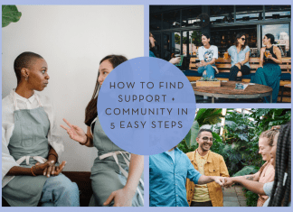 various groups of people in a community setting and "How to Find Support + Community in 5 Easy Steps" in text and MMC logo