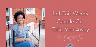 Let Fair Winds Candle Co. Take You Away, One Scent at a Time Tenisha Dotstry sitting on a porch with MMC logo and "Let Fair Winds Candle Co. Take You Away, One Scent at a Time" in text