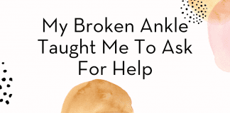 Watercolor pink and brown dots with "My Broken Ankle Taught Me To Ask For Help" in text and MMC logo