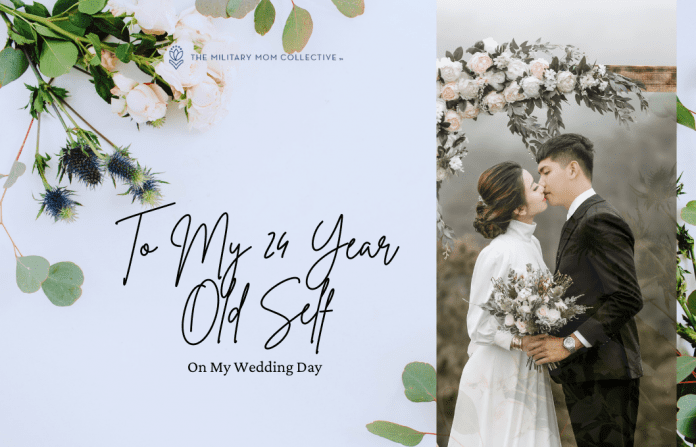 man and woman at their wedding kissing with a blue floral background and "To My 24 Year Old Self on my Wedding Day" in text and MMC logo