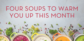 Four Soups to Warm You Up this Month various soups in tureens with "Four Soups to Warm You Up this Month" in text and MMC logo
