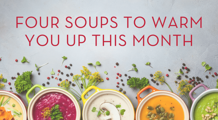 various soups in tureens with "Four Soups to Warm You Up this Month" in text and MMC logo