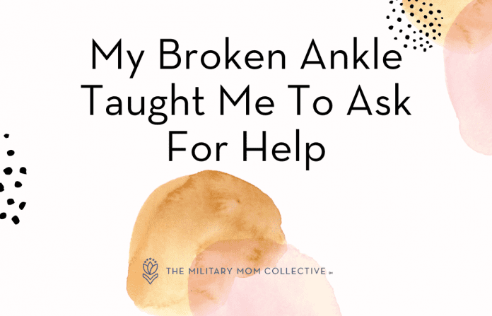 Watercolor pink and brown dots with "My Broken Ankle Taught Me To Ask For Help" in text and MMC logo