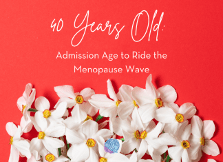 white flowers on a coral red background with "40 Years Old: Admission Age to Ride the Menopause Wave" in text and MMC logo