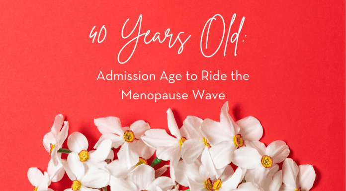 40 Years Old: Admission Age to Ride the Menopause Wave white flowers on a coral red background with "40 Years Old: Admission Age to Ride the Menopause Wave" in text and MMC logo