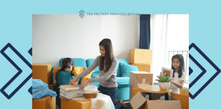 My 5 Top Tips to Survive an Overseas Move with Kids mom packing moving boxes with kids in a living room. "My 5 Top Tips to Survive an Overseas Move with Kids" in text and MMC logo