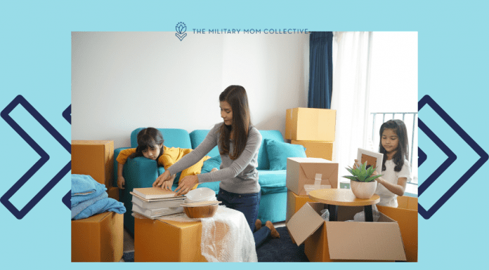 mom packing moving boxes with kids in a living room. "My 5 Top Tips to Survive an Overseas Move with Kids" in text and MMC logo