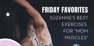 Friday Favorites: Suzanne’s Best Exercises for “Mom Muscles” woman stretching with "Friday Favorites: Suzanne's Best Exercises for "Mom Muscles" in text and MMC logo