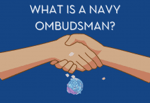 cartoon hands shaking with "What is a Navy Ombudsman?" in text and MMC logo