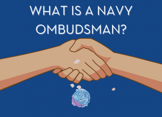 cartoon hands shaking with "What is a Navy Ombudsman?" in text and MMC logo