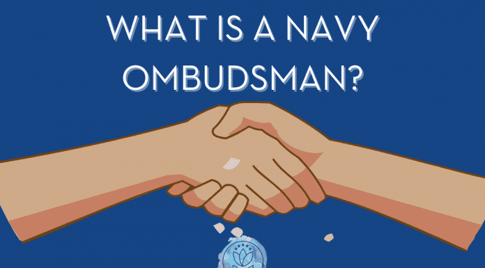 cartoon hands shaking with "What is a Navy Ombudsman?" in text and MMC logo