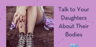 teenage girl in Converse sneakers with "Talk to Your Daughters About Their Bodies" in text and MMC logo