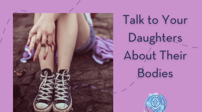 teenage girl in Converse sneakers with "Talk to Your Daughters About Their Bodies" in text and MMC logo