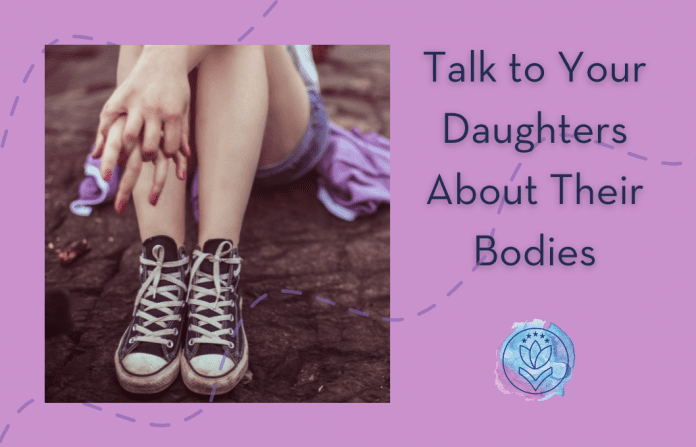 teenage girl in Converse sneakers with "Talk to Your Daughters About Their Bodies" in text and MMC logo