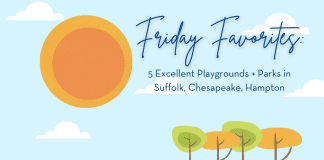 Friday Favorites: 5 Excellent Playgrounds + Parks in Suffolk, Chesapeake, Hampton cartoonish drawing of an outdoor scene with trees and a sun and "5 Excellent Playgrounds + Parks in Suffolk, Chesapeake, Hampton" in text and MMC logo