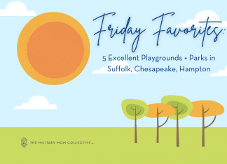 cartoonish drawing of an outdoor scene with trees and a sun and "5 Excellent Playgrounds + Parks in Suffolk, Chesapeake, Hampton" in text and MMC logo