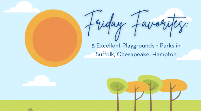 cartoonish drawing of an outdoor scene with trees and a sun and "5 Excellent Playgrounds + Parks in Suffolk, Chesapeake, Hampton" in text and MMC logo