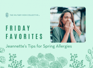 delicate flower outlines on a pale green background with a woman sneezing, "Friday Favorites: Jeannette's Tips for Spring Allergies" and MMC logo