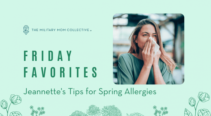 Friday Favorites: Jeannette’s Tips for Spring Allergies delicate flower outlines on a pale green background with a woman sneezing, "Friday Favorites: Jeannette's Tips for Spring Allergies" and MMC logo