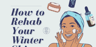 sketched woman applying lotion to her face with various skincare products and "How to Rehab Your Winter Skin" in text and MMC logo