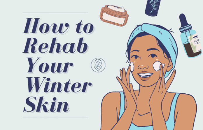 sketched woman applying lotion to her face with various skincare products and "How to Rehab Your Winter Skin" in text and MMC logo