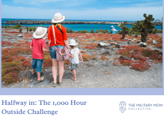 mother and two children standing outside, looking at a calm blue ocean. "Halfway in: The 1,000 Hour Outside Challenge" in text and MMC logo