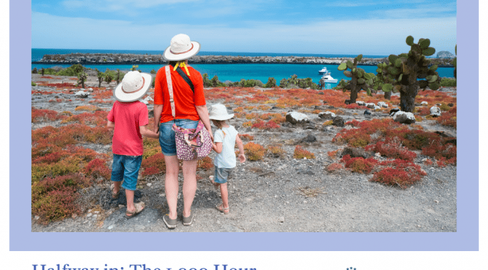 Halfway in: The 1,000 Hour Outside Challenge mother and two children standing outside, looking at a calm blue ocean. "Halfway in: The 1,000 Hour Outside Challenge" in text and MMC logo