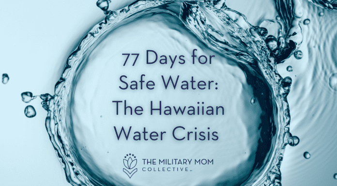 a large drop of water mid-splash with "77 Days for Safe Water: The Hawaiian Water Crisis" in text and MMC logo