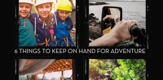 6 Things To Keep On Hand For Adventure pictures of kids and families in different adventures in Polaroid frames with "6 Things To Keep On Hand For Adventure" in text and MMC logo