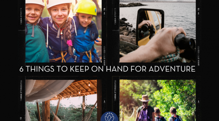 pictures of kids and families in different adventures in Polaroid frames with "6 Things To Keep On Hand For Adventure" in text and MMC logo