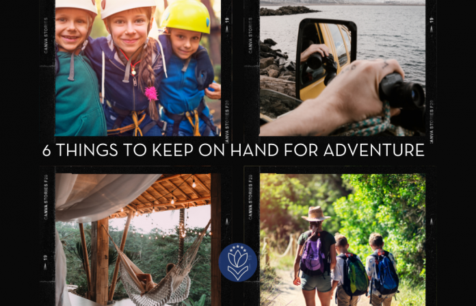 pictures of kids and families in different adventures in Polaroid frames with "6 Things To Keep On Hand For Adventure" in text and MMC logo