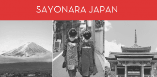 black and white photos of people and places in Japan with a red banner that reads "Sayonara Japan" and MMC logo