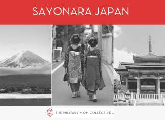 black and white photos of people and places in Japan with a red banner that reads "Sayonara Japan" and MMC logo