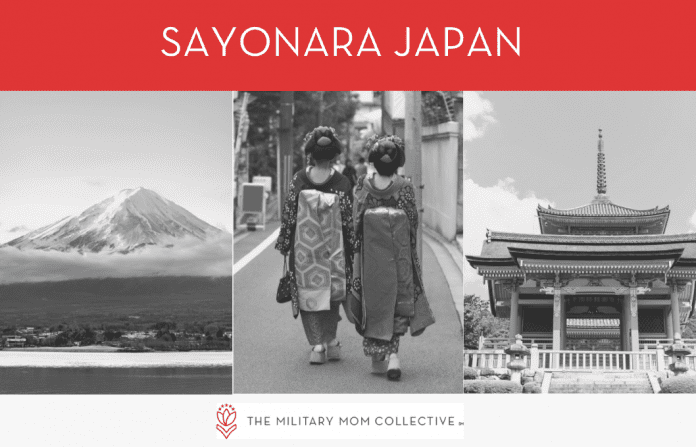 black and white photos of people and places in Japan with a red banner that reads "Sayonara Japan" and MMC logo