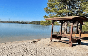 covered picnic bench overlooking water