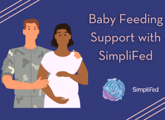 military man and pregnant woman with "Baby Feeding Support with SimpliFed" in text and MMC and SImpliFed logos