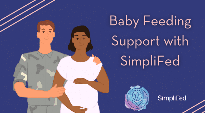 military man and pregnant woman with "Baby Feeding Support with SimpliFed" in text and MMC and SImpliFed logos