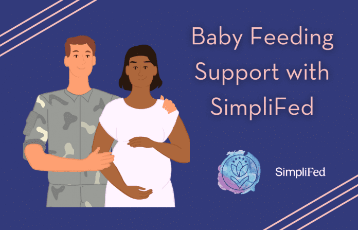 military man and pregnant woman with "Baby Feeding Support with SimpliFed" in text and MMC and SImpliFed logos