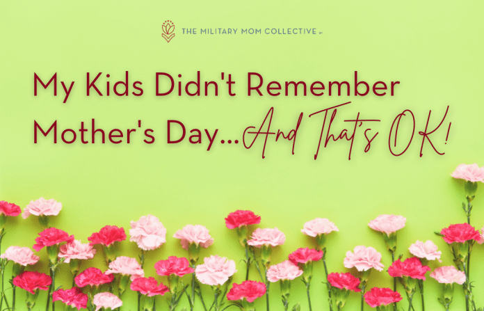 pink carnations on a spring green background with MMC logo and "My Kids Didn't Remember Mother's Day...And That's OK!" in text