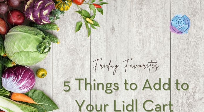 fresh produce on a wood panel background with "Friday Favorites: 5 Things to Add to Your Lidl Cart" in text and MMC logo